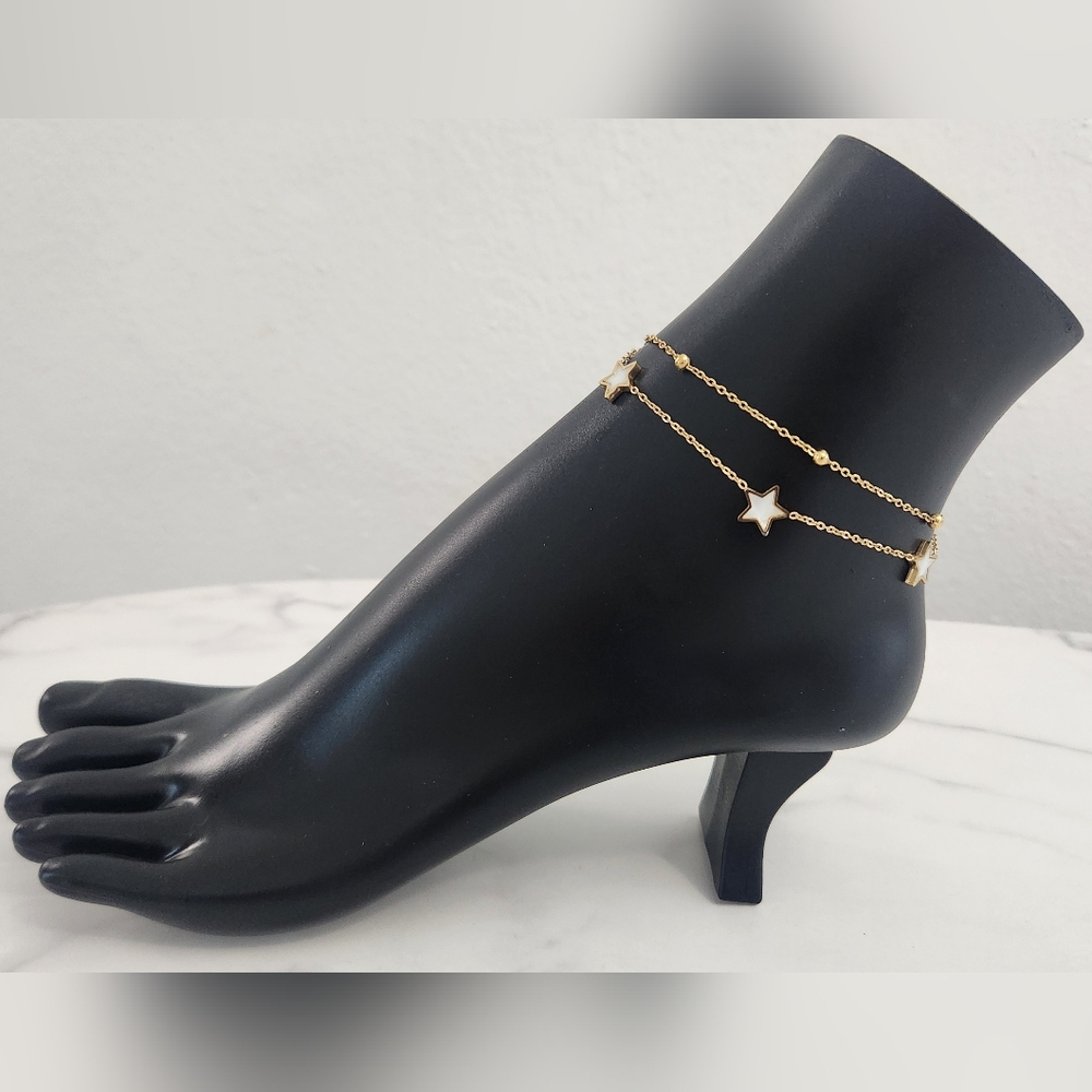 Gold Plated Double Layer Star Anklet Stainless Steel Dainty Bead Chain - Picture 3 of 12
